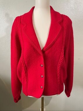 Grandmacore Red Wool Shawl Collar Cable Knit Button Cardigan Sweater Deans L